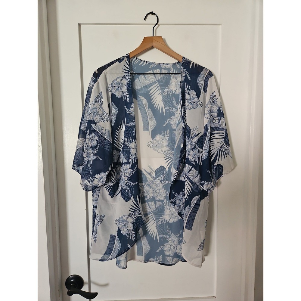 Blue Floral Kimono Cardigan Medium Boho Tropical Beach Cover Up